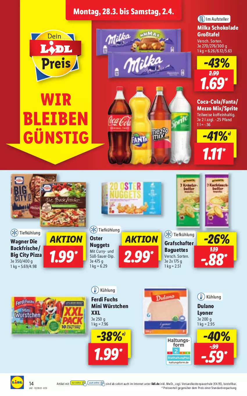 Aktueller Prospekt Lidl - Aktionsprospekt - von 28.03 bis 02.04.2022 - strona 14 - produkty: auer, baguette, baguettes, coca-cola, cola, curry, dip, dulano, eis, elle, fanta, ferdi fuchs, grafschafter, lyoner, Mezzo Mix, milka, milka schokolade, ndk, nuggets, pizza, preisvorteil, reis, Schal, Schale, schoko, schokolade, sprite, teller, Ti, wagner, würstchen, Yo