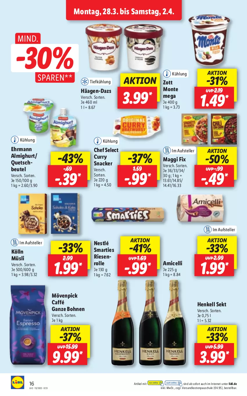 Aktueller Prospekt Lidl - Aktionsprospekt - von 28.03 bis 02.04.2022 - strona 16 - produkty: almighur, almighurt, amicelli, beutel, bohne, bohnen, curry, ehrmann, ehrmann almighurt, elle, häagen-dazs, henkel, henkell, henkell sekt, kölln, maggi, maggi fix, monte, mövenpick, müsli, ndk, nestlé, quetschbeutel, Schal, Schale, sekt, smarties, snack, teller, Ti, zott, Zott Monte