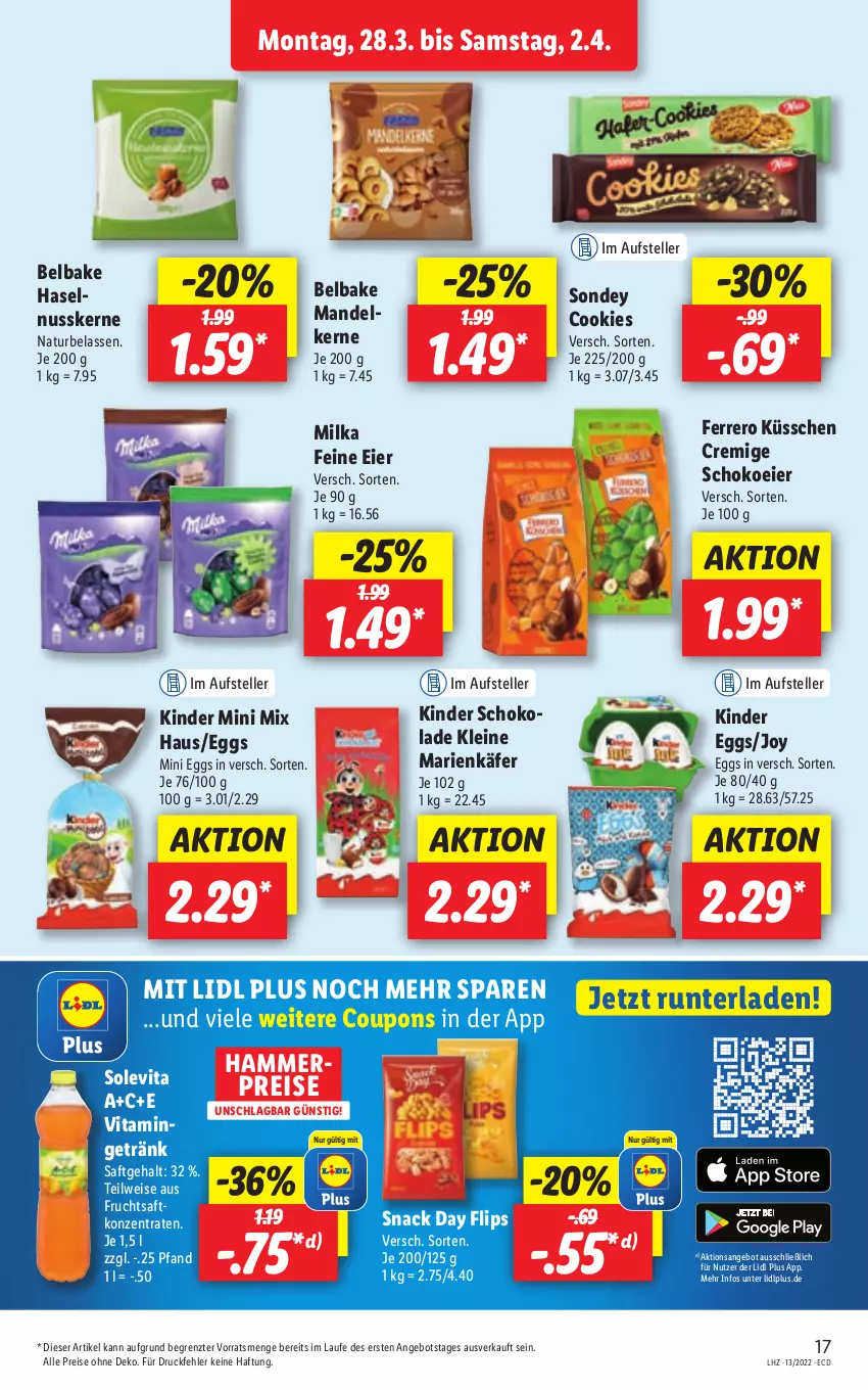 Aktueller Prospekt Lidl - Aktionsprospekt - von 28.03 bis 02.04.2022 - strona 17 - produkty: angebot, cookie, cookies, coupon, coupons, eier, eis, elle, ferrero, Ferrero Küsschen, frucht, fruchtsaft, getränk, haselnuss, käfer, Kinder, leine, mandel, milka, natur, nuss, reis, saft, schoko, snack, Sondey, teller, Ti, vita, ZTE