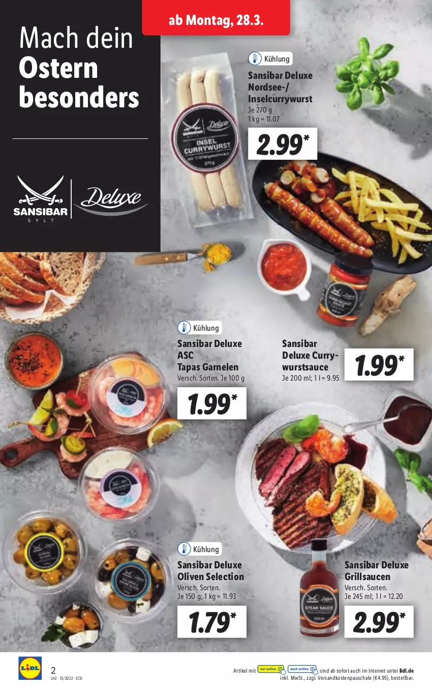 Aktueller Prospekt Lidl - Aktionsprospekt - von 28.03 bis 02.04.2022 - strona 2 - produkty: curry, currywurst, garnelen, grill, grillsauce, mac, ndk, Nordsee, olive, oliven, sauce, saucen, Schal, Schale, Tapas, Ti, wurst