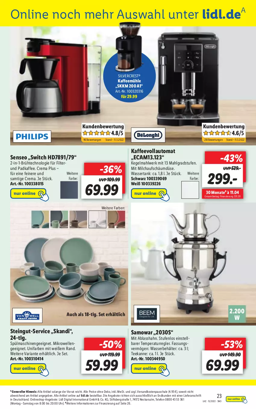 Aktueller Prospekt Lidl - Aktionsprospekt - von 28.03 bis 02.04.2022 - strona 23 - produkty: angebot, angebote, auto, Behälter, eis, elle, kaffee, Kaffeemühle, kaffeevollautomat, LG, mikrowelle, milch, ndk, reis, rel, Ria, Schal, Schale, senseo, silvercrest, spülmaschinen, tee, teekanne, telefon, Ti, uhr, wasser, wassertank