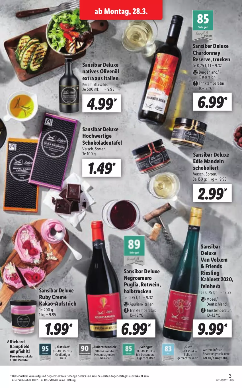 Aktueller Prospekt Lidl - Aktionsprospekt - von 28.03 bis 02.04.2022 - strona 3 - produkty: amaro, angebot, aufstrich, chardonnay, creme, eis, flasche, kabinett, kakao, mac, mandel, mandeln, natives olivenöl, olive, oliven, olivenöl, olivenöl extra, reis, riesling, rotwein, schoko, schokolade, schokoladen, Ti, wein, ZTE