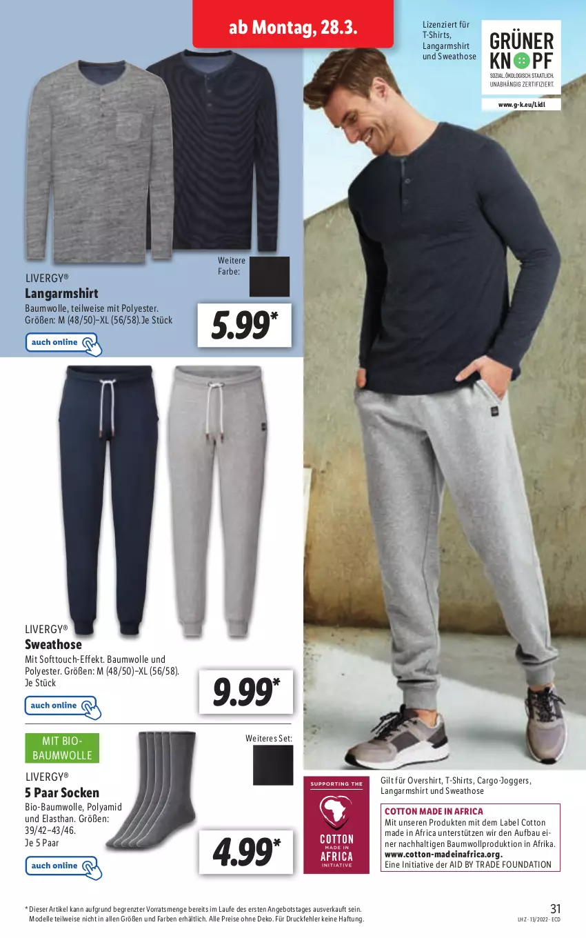 Aktueller Prospekt Lidl - Aktionsprospekt - von 28.03 bis 02.04.2022 - strona 31 - produkty: angebot, Bau, baumwolle, bio, bio-baumwolle, dell, eis, elle, hose, Langarmshirt, livergy, Mode, reis, shirt, shirts, socken, Sweathose, T-Shirt, Ti, wolle, ZTE