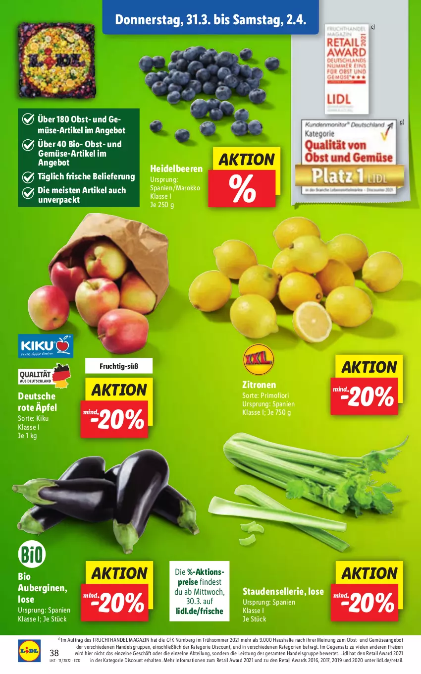 Aktueller Prospekt Lidl - Aktionsprospekt - von 28.03 bis 02.04.2022 - strona 38 - produkty: Abtei, aktionspreis, angebot, aubergine, auberginen, beere, beeren, bio, discount, eis, elle, frucht, gin, heidelbeere, heidelbeeren, magazin, obst, reis, stauden, Ti, und gemüse, zitrone, zitronen