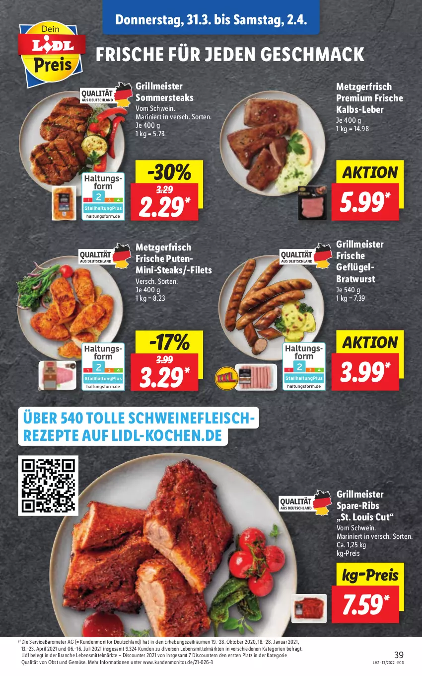 Aktueller Prospekt Lidl - Aktionsprospekt - von 28.03 bis 02.04.2022 - strona 39 - produkty: bratwurst, discount, eis, filet, filets, fleisch, Geflügel, grill, lebensmittel, mac, Meister, monitor, obst, Obst und Gemüse, pril, pute, reis, rezept, rezepte, schwein, schweine, schweinefleisch, steak, steaks, Ti, und gemüse, wein, weine, wurst