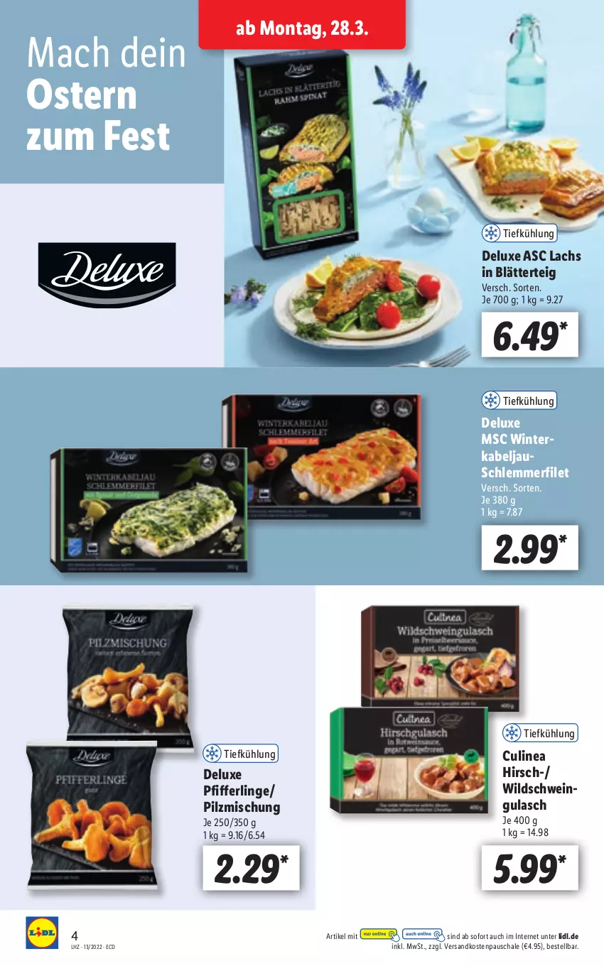 Aktueller Prospekt Lidl - Aktionsprospekt - von 28.03 bis 02.04.2022 - strona 4 - produkty: blätterteig, filet, gulasch, lachs, mac, ndk, Pfifferlinge, Pilzmischung, Schal, Schale, schlemmerfilet, schwein, Ti, wein, Wild, Wildschwein