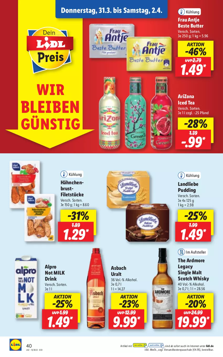 Aktueller Prospekt Lidl - Aktionsprospekt - von 28.03 bis 02.04.2022 - strona 40 - produkty: alkohol, alpro, asbach uralt, beste butter, brustfilet, butter, drink, elle, filet, filets, frau antje, hähnchenbrust, hähnchenbrustfilet, landliebe, ndk, pudding, Schal, Schale, scotch, scotch whisky, single malt, teller, Ti, whisky