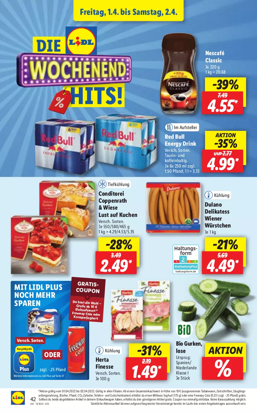 Aktueller Prospekt Lidl - Aktionsprospekt - von 28.03 bis 02.04.2022 - strona 42 - produkty: angebot, bio, bio gurken, Bona, cola, coppenrath, coupon, drink, dulano, elle, energy drink, finesse, gurke, gurken, gutschein, herta, herta finesse, joghur, joghurt, kuchen, Lust auf Kuchen, Milbona, Nescafé, red bull, telefon, teller, Ti, wiener, wiener würstchen, würstchen, ZTE