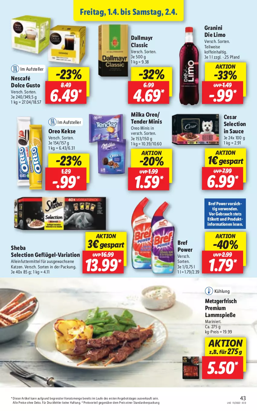 Aktueller Prospekt Lidl - Aktionsprospekt - von 28.03 bis 02.04.2022 - strona 43 - produkty: alleinfuttermittel, angebot, Bref, bref power, dallmayr, dolce gusto, eis, elle, Geflügel, granini, granini die limo, keks, kekse, lamm, Lammspieße, limo, milka, Nescafé, oreo, preisvorteil, Rauch, reis, Ria, rwe, sauce, sheba, teller, tender, Ti, ZTE