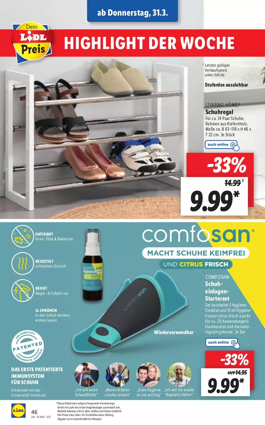 Aktueller Prospekt Lidl - Aktionsprospekt - von 28.03 bis 02.04.2022 - strona 46 - produkty: angebot, citrus, dell, eis, elle, Holz, Mode, paar schuhe, pilze, regal, reis, rwe, schuhe, schuhregal, Ti, uhr, WICK, ZTE