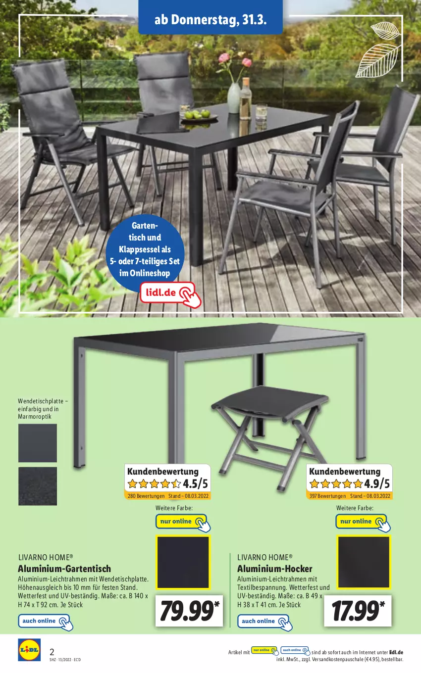 Aktueller Prospekt Lidl - Aktionsprospekt - von 28.03 bis 02.04.2022 - strona 48 - produkty: Garten, gartentisch, hocker, HP, klappsessel, latte, ndk, Schal, Schale, sessel, Ti, tisch, tischplatte