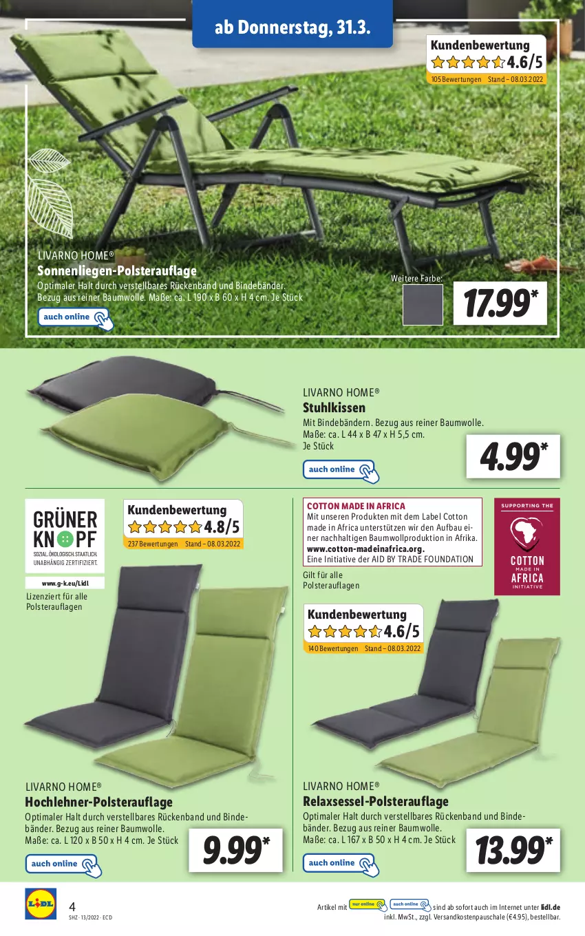 Aktueller Prospekt Lidl - Aktionsprospekt - von 28.03 bis 02.04.2022 - strona 50 - produkty: Bau, baumwolle, kissen, Liege, ndk, rel, relaxsessel, Schal, Schale, sessel, sonnenliege, stuhl, stuhlkissen, Ti, wolle