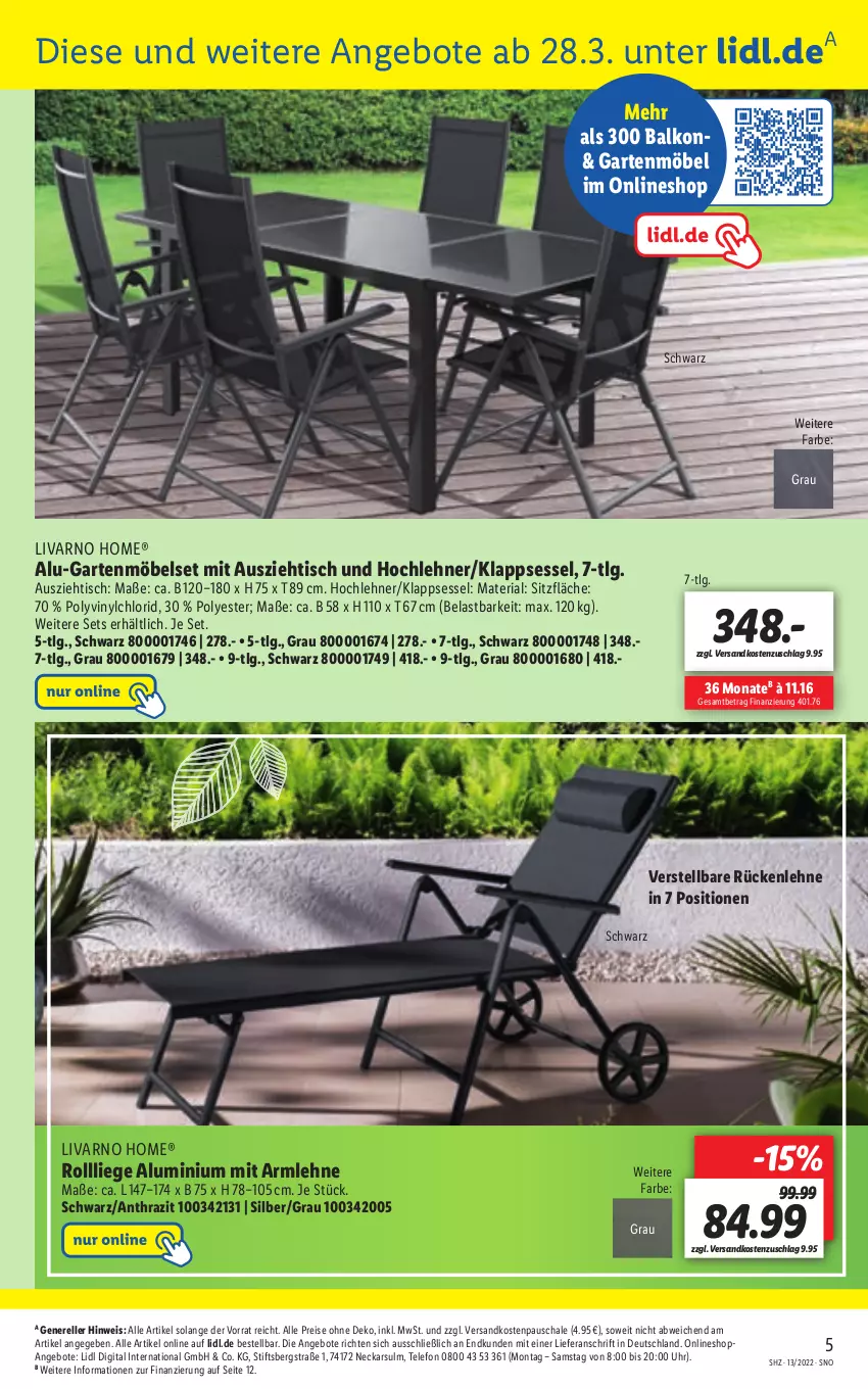 Aktueller Prospekt Lidl - Aktionsprospekt - von 28.03 bis 02.04.2022 - strona 51 - produkty: angebot, angebote, eis, elle, Garten, gartenmöbel, klappsessel, LG, Liege, möbel, ndk, reis, rel, Ria, rückenlehne, Schal, Schale, sessel, telefon, Ti, tisch, uhr