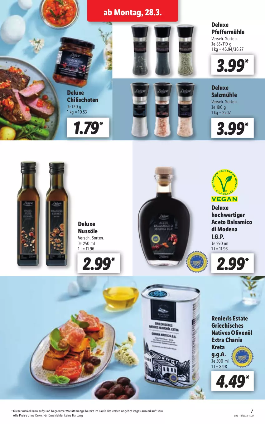 Aktueller Prospekt Lidl - Aktionsprospekt - von 28.03 bis 02.04.2022 - strona 7 - produkty: aceto, aceto balsamico, angebot, balsam, balsamico, chili, eis, Mode, natives olivenöl, nuss, olive, oliven, olivenöl, olivenöl extra, pfeffer, Pfeffermühle, reis, salz, Salzmühle, Ti, ZTE