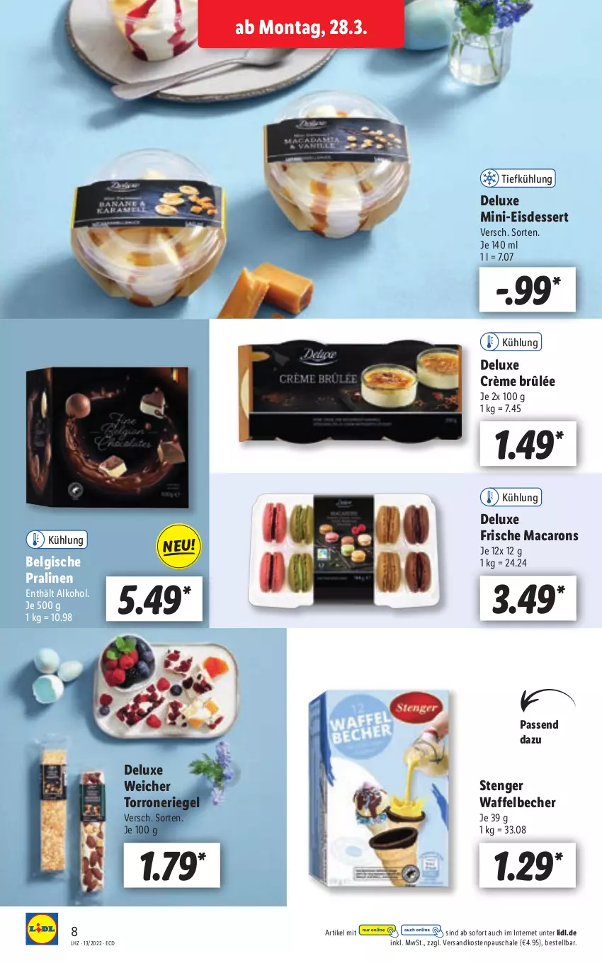 Aktueller Prospekt Lidl - Aktionsprospekt - von 28.03 bis 02.04.2022 - strona 8 - produkty: alkohol, Becher, Belgische Pralinen, Crème Brûlée, dessert, eis, LG, mac, Macarons, ndk, pralinen, riegel, Schal, Schale, Ti