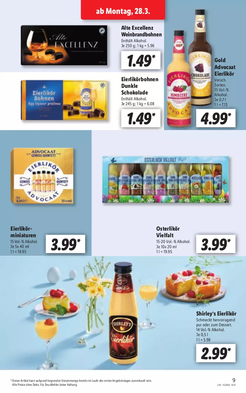 Aktueller Prospekt Lidl - Aktionsprospekt - von 28.03 bis 02.04.2022 - strona 9 - produkty: alkohol, angebot, bohne, bohnen, dessert, eier, eierlikör, eis, elle, likör, reis, schoko, schokolade, Ti, wein, weinbrand, ZTE