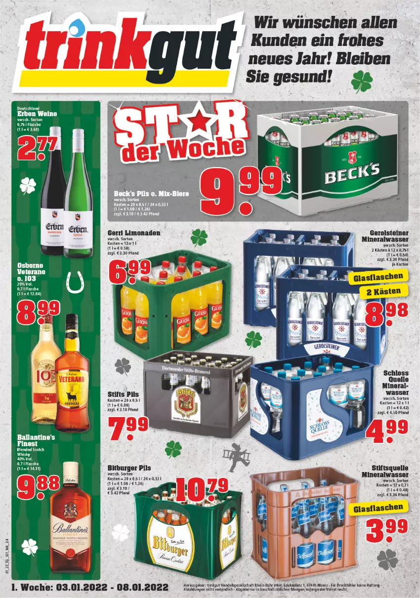 Aktueller Prospekt Trinkgut - von 03.01 bis 08.01.2022 - strona 1 - produkty: Alwa, ball, bitburger, bitburger pils, blended scotch, blended scotch whisky, burger, elle, flasche, gerolsteine, gerolsteiner, glasflasche, limo, limonade, limonaden, mineralwasser, osborne, pils, scotch, scotch whisky, steiner, Ti, veterano, wasser, wein, weine, whisky