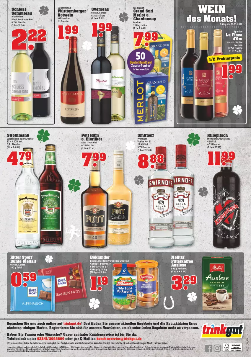 Aktueller Prospekt Trinkgut - von 03.01 bis 08.01.2022 - strona 4 - produkty: alkohol, angebot, angebote, Berger, bockwurst, böklunder, Brei, chardonnay, deka, deutschlandcard, eier, eierlikör, eis, elle, erde, flasche, Geflügel, grand sud, korn, kräuter, kräuterlikör, LG, lieferservice, likör, mac, merl, merlot, reis, ritter, ritter sport, rotwein, rum, Sport, tee, telefon, Ti, uhr, vodka, wein, weizenkorn, wurst