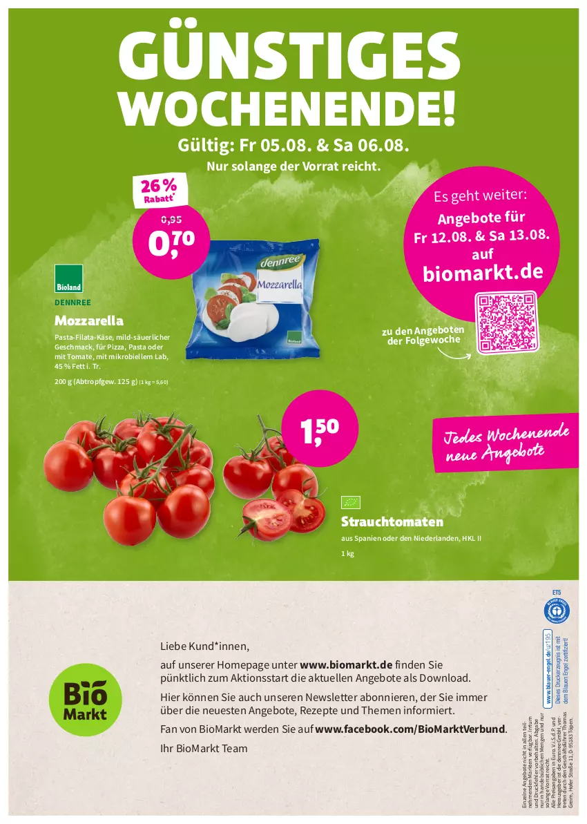 Aktueller Prospekt Denns Biomarkt - Prospekte - von 03.08 bis 16.08.2022 - strona 8 - produkty: angebot, angebote, auer, bio, dennree, drucker, eis, elle, Engel, erde, Käse, kerze, LG, mac, mozzarella, Omep, pasta, pizza, Rauch, reis, rel, rezept, rezepte, strauchtomaten, Ti, tomate, tomaten