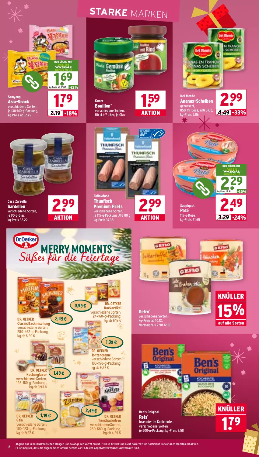 Aktueller Prospekt Wasgau - von 08.12 bis 13.12.2025 - strona 12 - produkty: ananas, angebot, auer, backmischung, Ben’s Original, beutel, creme, dell, Dr. Oetker, eier, eis, elle, filet, filets, fisch, gin, knorr, kochbeutel, kuchen, monte, reis, rel, Sardellen, saupiquet, snack, thunfisch, Ti, torte, zucker