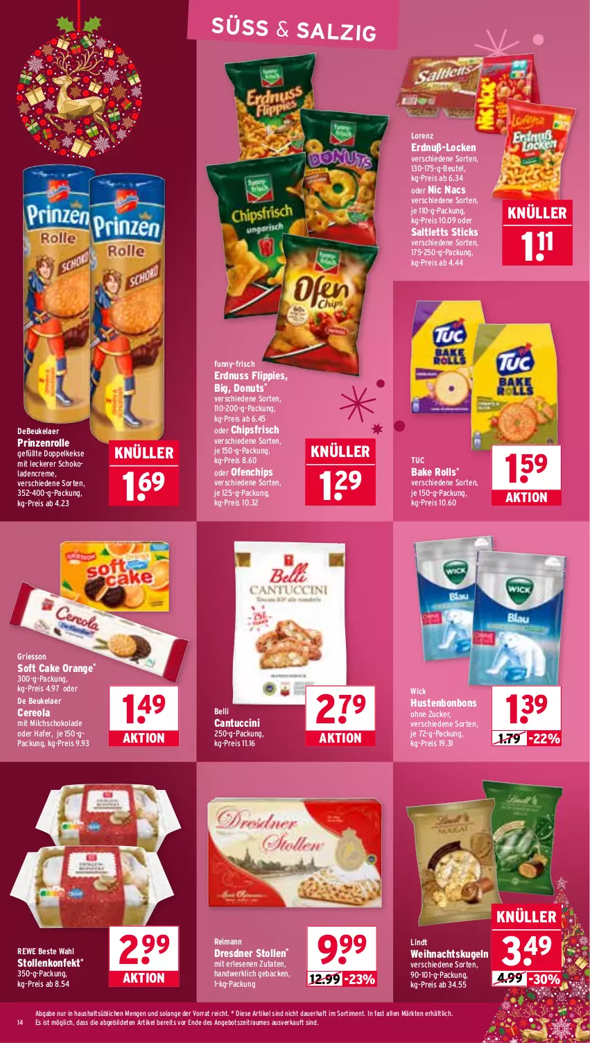 Aktueller Prospekt Wasgau - von 08.12 bis 13.12.2025 - strona 14 - produkty: angebot, auer, beutel, bonbons, cantuccini, chips, chipsfrisch, cin, creme, de beukelaer, debeukelaer, Donut, donuts, Doppelkekse, Dresdner Stollen, eis, erdnuss, flippies, funny-frisch, geback, griesson, hafer, Hustenbonbons, keks, kekse, Kugel, lindt, lorenz, milch, nuss, Ofen, orange, prinzenrolle, reis, rewe beste wahl, saltletts, salz, schoko, schokolade, schokoladen, Stollen, Ti, tuc, Weihnachtskugeln, WICK, zucker