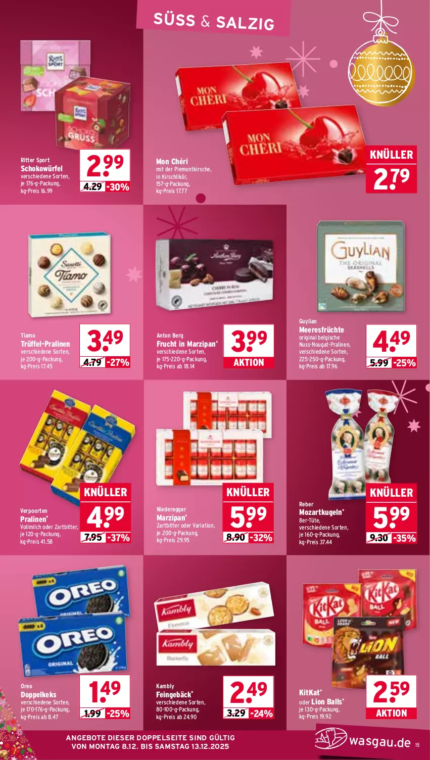 Aktueller Prospekt Wasgau - von 08.12 bis 13.12.2025 - strona 15 - produkty: angebot, angebote, ball, Egger, eis, frucht, früchte, gin, keks, kirsch, kirsche, Kirschlikör, kitkat, Kugel, LG, likör, lion, marzipan, meeresfrüchte, milch, Mon Chéri, nuss, oreo, pralinen, reis, Ria, ritter, ritter sport, salz, schoko, schokowürfel, Sport, Ti, Trüffel, Tüte, verpoorten, vollmilch, würfel