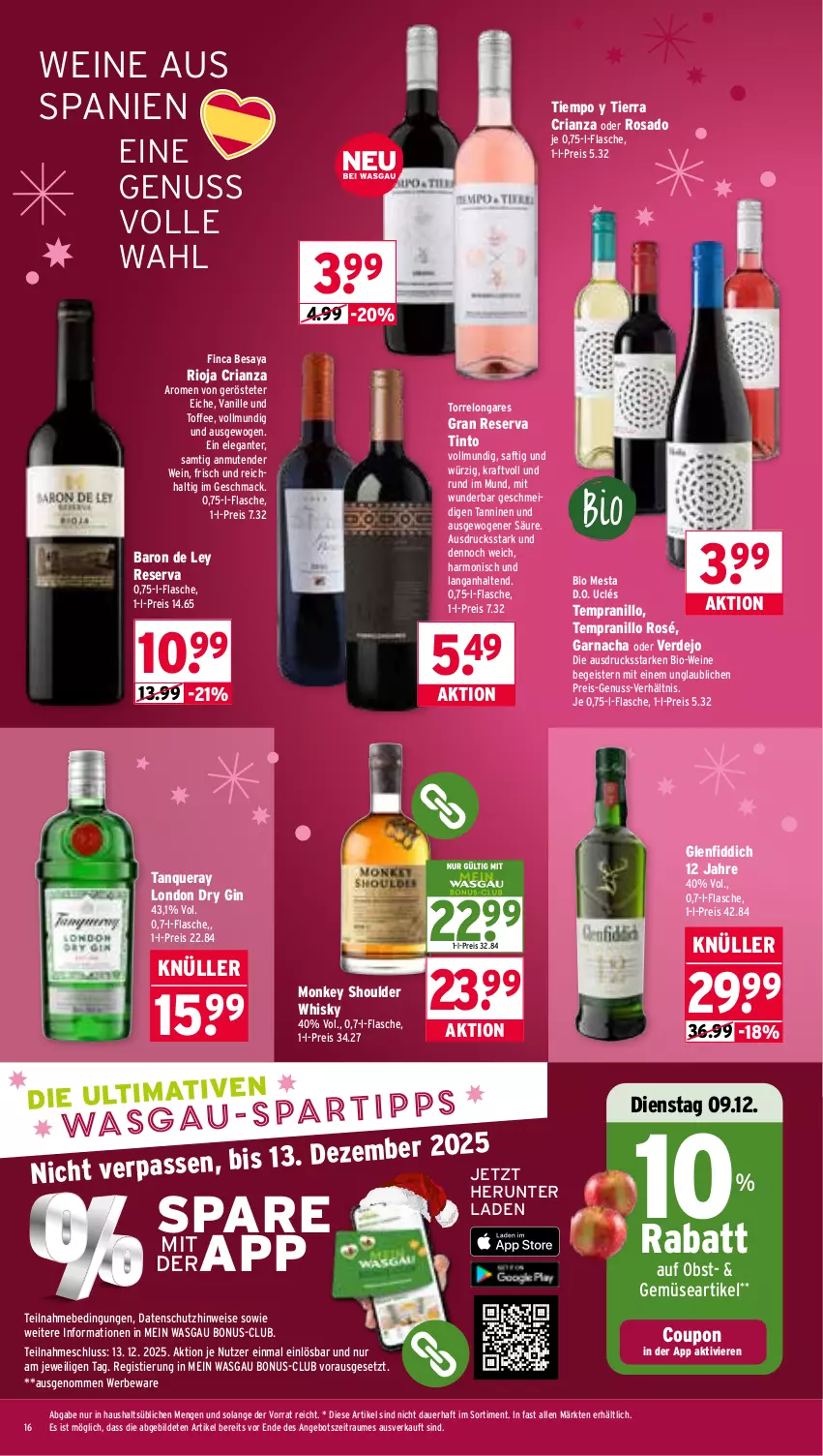 Aktueller Prospekt Wasgau - von 08.12 bis 13.12.2025 - strona 16 - produkty: angebot, auer, bio, Bio-Wein, coupon, dry gin, eis, erde, flasche, gin, kraft, london dry, london dry gin, mac, nuss, obst, reis, rel, Ria, rioja, saft, Stier, Tanqueray, tempranillo, tender, Ti, vanille, wein, weine, whisky