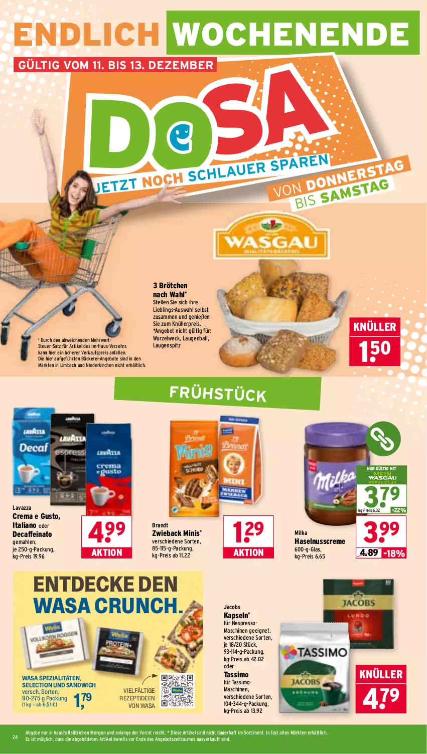 Aktueller Prospekt Wasgau - von 08.12 bis 13.12.2025 - strona 24 - produkty: angebot, angebote, auer, ball, brandt, brötchen, caffe, creme, decke, eis, elle, espresso, haselnuss, Haselnusscreme, jacobs, je 250-g-packung, lavazza, milka, nespresso, nuss, reis, rezept, rwe, sandwich, sim, Spezi, tassimo, Ti, wasa, weck