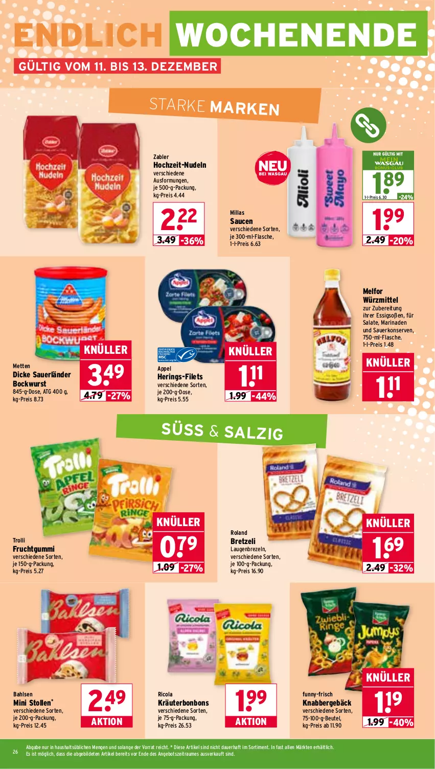 Aktueller Prospekt Wasgau - von 08.12 bis 13.12.2025 - strona 26 - produkty: angebot, auer, bahlsen, beutel, bockwurst, bonbons, brezel, Brezeln, cola, Dicke Sauerländer Bockwurst, eis, essig, filet, filets, flasche, frucht, fruchtgummi, funny-frisch, hering, Herings, Konserven, kräuter, Laugenbrezel, marinade, Mett, metten, nudel, nudeln, reis, Ricola, ring, salat, salate, salz, sauce, saucen, Soße, Stollen, Ti, trolli, trolli fruchtgummi, wurst, Zabler