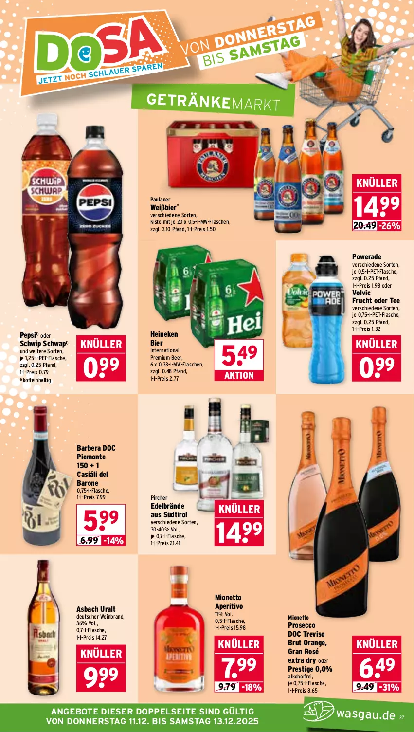 Aktueller Prospekt Wasgau - von 08.12 bis 13.12.2025 - strona 27 - produkty: alkohol, angebot, angebote, asbach uralt, bier, brut, ecco, eis, flasche, frucht, getränk, getränke, heineken, mionetto, monte, mw-flasche, orange, Paula, paulaner, pepsi, pet-flasche, pircher, prosecco, reis, Schwip Schwap, tee, Ti, volvic, wein, weinbrand