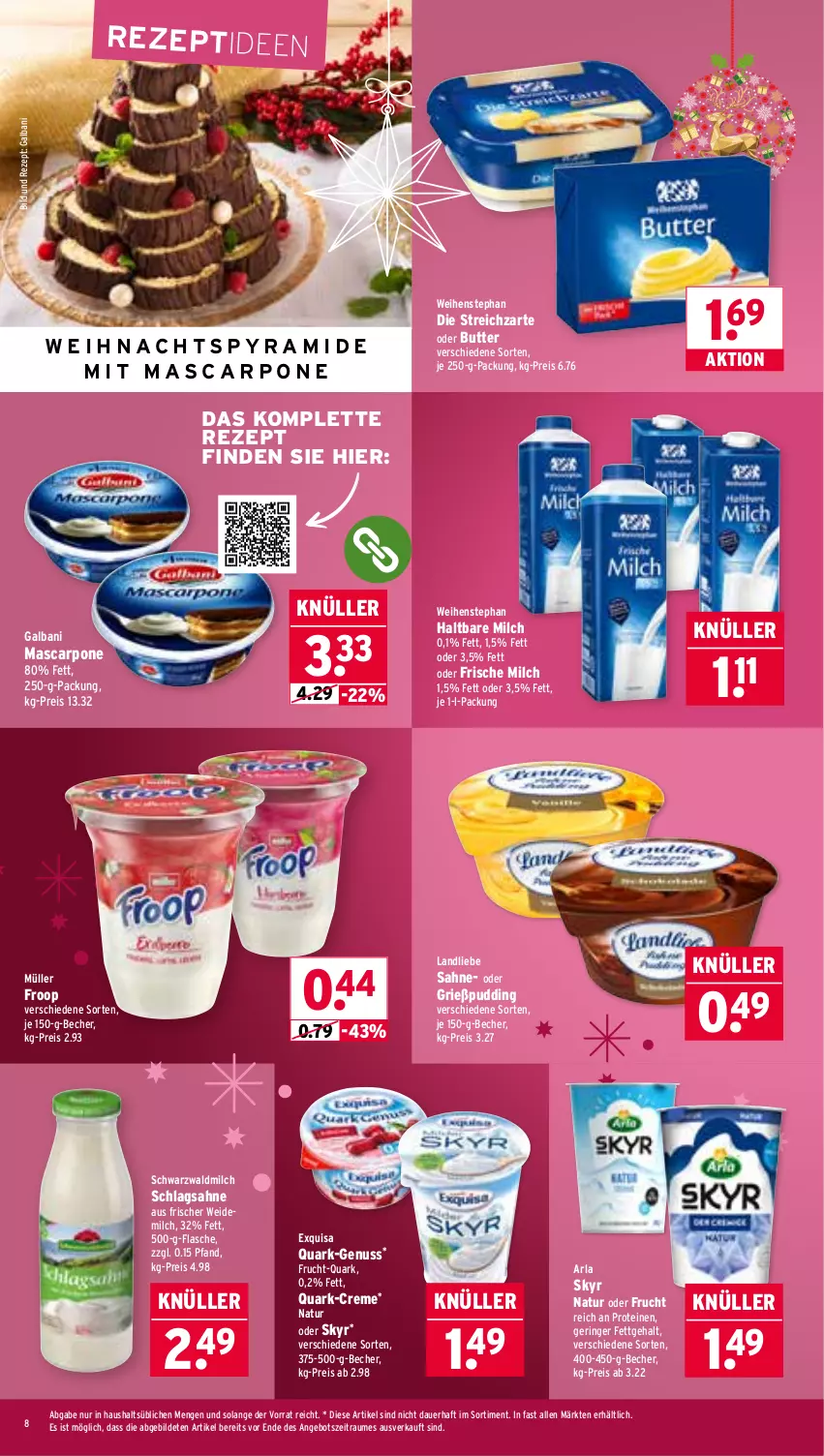 Aktueller Prospekt Wasgau - von 08.12 bis 13.12.2025 - strona 8 - produkty: angebot, arla, auer, Becher, butter, creme, eis, exquisa, flasche, frische milch, froop, frucht, galbani, Grießpudding, haltbare milch, je 250-g-packung, landliebe, mascarpone, milch, Müller, müller froop, natur, nuss, pudding, quark, reis, rezept, ring, sahne, schlagsahne, Skyr, Streichzart, Ti, weidemilch, weihenstephan