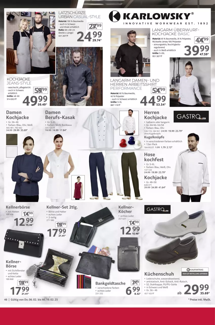 Aktueller Prospekt Selgros - Gastronomie - von 06.02 bis 19.02.2025 - strona 46 - produkty: arlo, Bank, Bau, baumwolle, Brei, eis, fenster, hose, Jacke, jeans, Kette, küche, Küchen, Kugel, Lederschuhe, LG, reis, Ria, schuhe, shirt, Tasche, Ti, tisch, wasser, wolle