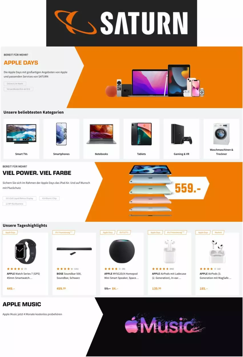 Aktueller Prospekt Saturn - Prospekte - von 07.12 bis 14.12.2021 - strona 1 - produkty: angebot, angebote, Apple, Apple AirPods, Apple Watch, Apple Watch SE, Bose, GPS, ipad, ipad air, notebook, notebooks, Omep, Pods, smart tv, smartphone, smartphones, smartwatch, soundbar, tablet, Tablets, Ti, Trockner, waschmaschine, waschmaschinen