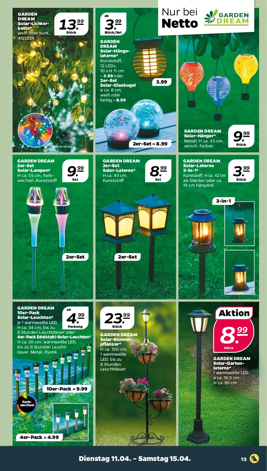 Aktueller Prospekt Netto - Woche 15 - von 11.04 bis 15.04.2023 - strona 13 - produkty: asti, auer, blume, blumen, edelstahl, Garten, Glaskugel, Kette, Kugel, Lampe, laterne, leds, Leuchte, leuchten, lichterkette, pflanze, Ria, Ti