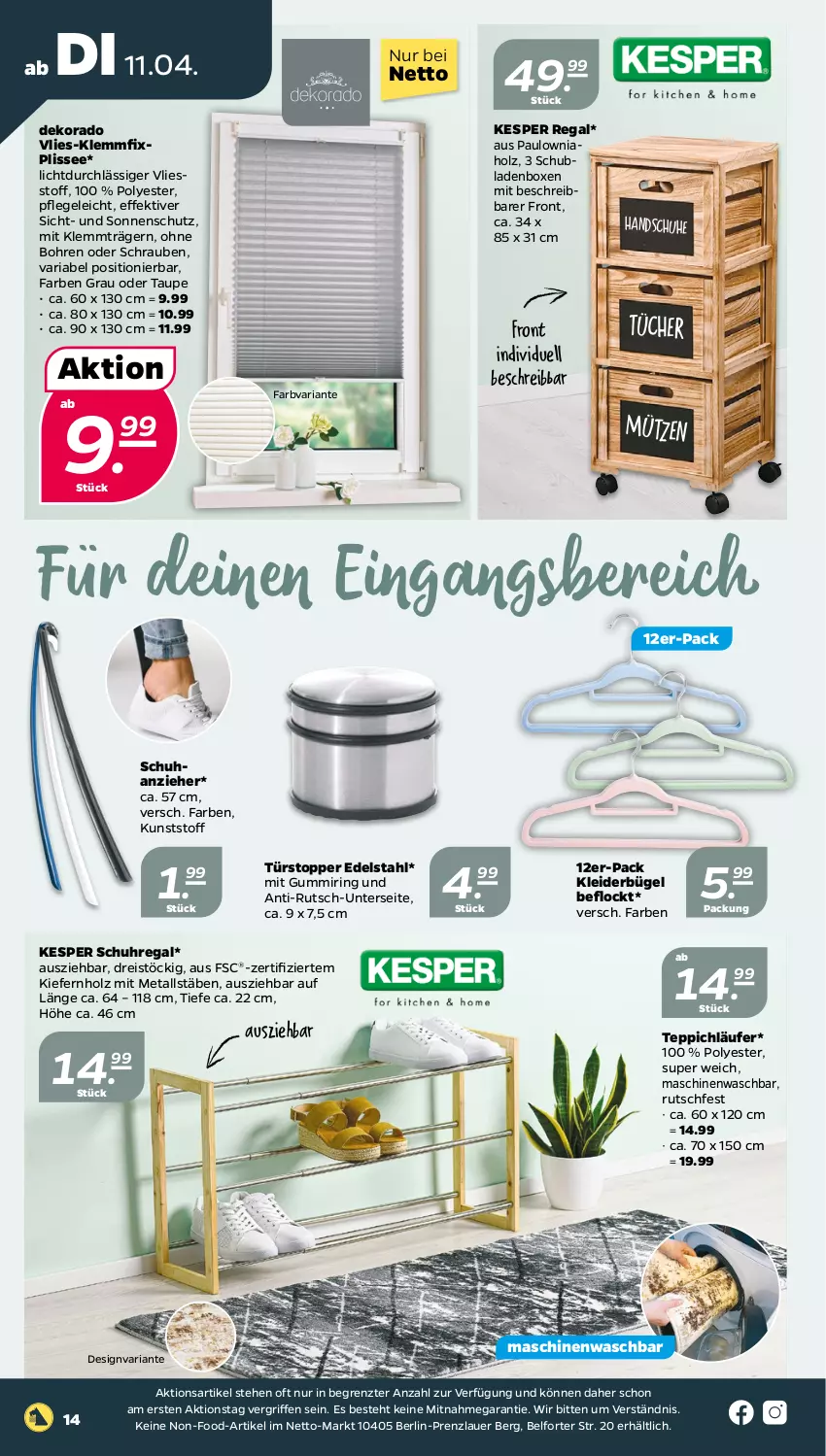 Aktueller Prospekt Netto - Woche 15 - von 11.04 bis 15.04.2023 - strona 14 - produkty: auer, bügel, edelstahl, eis, handschuhe, Holz, kesper, kleid, kleider, kleiderbügel, Läufer, Mütze, regal, reis, Ria, ring, schrauben, schubladen, schuhe, schuhregal, sonnenschutz, teppich, Ti, topper, tücher, türstopper, uhr, ZTE