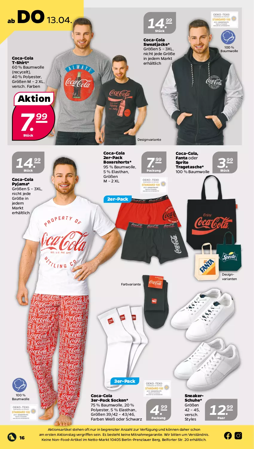 Aktueller Prospekt Netto - Woche 15 - von 11.04 bis 15.04.2023 - strona 16 - produkty: auer, Bau, baumwolle, coca-cola, cola, fanta, fanta oder, fanta oder sprite, Jacke, oder sprite, Pyjama, Ria, schuhe, shirt, shorts, sneaker, socken, sprite, sweatjacke, T-Shirt, Tasche, Ti, tragetasche, wolle, ZTE