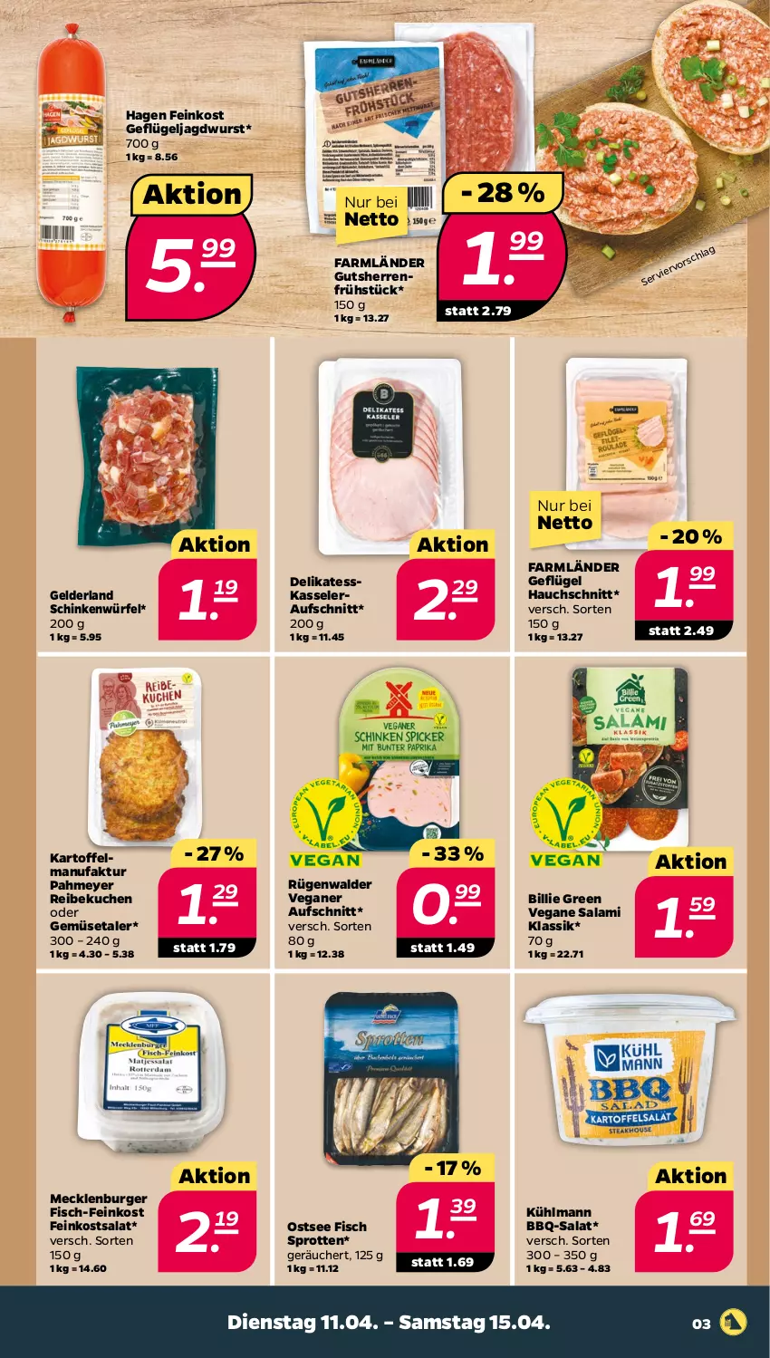 Aktueller Prospekt Netto - Woche 15 - von 11.04 bis 15.04.2023 - strona 3 - produkty: aufschnitt, burger, Faktu, feinkost, fisch, Geflügel, jagdwurst, kartoffel, kasseler, kuchen, kühlmann, rügenwalder, salami, salat, schinken, Sprotten, Ti, würfel, wurst