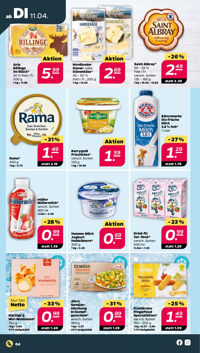 Aktueller Prospekt Netto - Woche 15 - von 11.04 bis 15.04.2023 - strona 4 - produkty: albray, arla, bärenmarke, beere, beutel, drink, frische milch, frischkäse, heidelbeere, joghur, joghurt, Käse, kerrygold, krone, milch, Müller, müllermilch, rama, saint albray, Schal, Schale, Spezi, Ti, Windbeutel