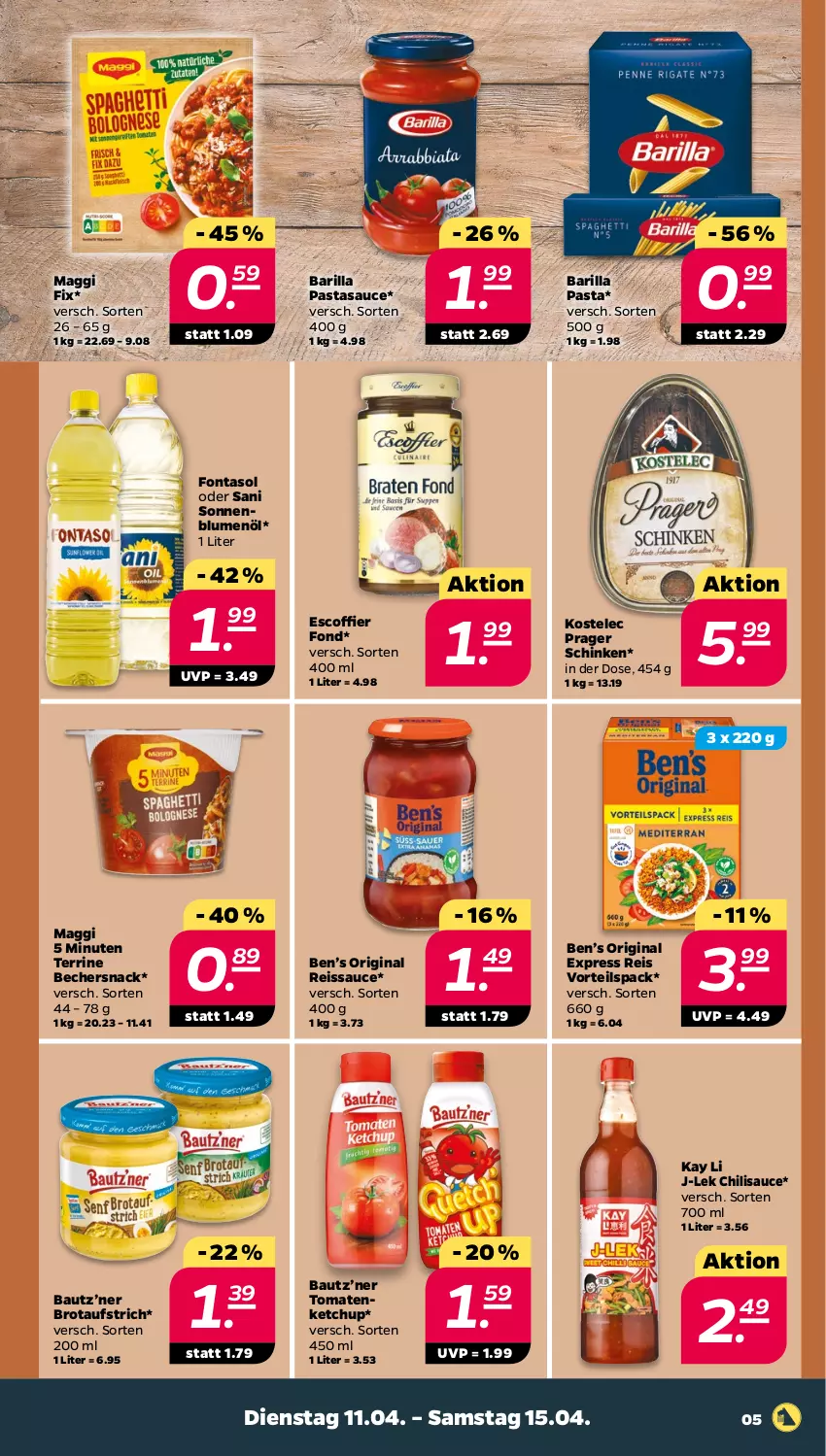 Aktueller Prospekt Netto - Woche 15 - von 11.04 bis 15.04.2023 - strona 5 - produkty: aufstrich, barilla, Bau, Becher, Ben’s Original, blume, blumen, blumenöl, brot, brotaufstrich, chili, eis, gin, ketchup, maggi, maggi fix, pasta, reis, reiss, sauce, schinken, snack, sonnenblume, sonnenblumen, sonnenblumenöl, terrine, Ti, tomate, tomaten, tomatenketchup