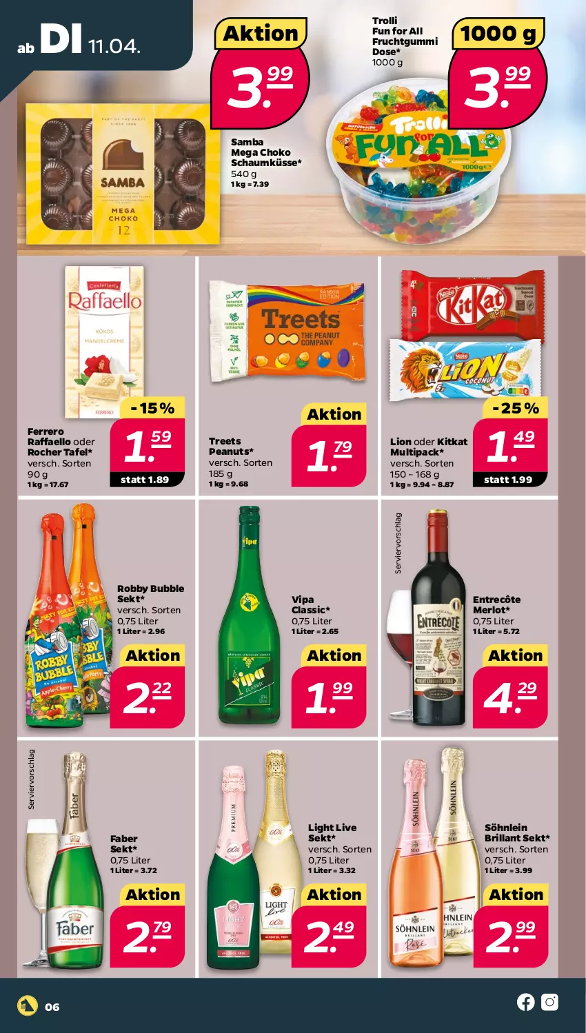 Aktueller Prospekt Netto - Woche 15 - von 11.04 bis 15.04.2023 - strona 6 - produkty: brillant sekt, entrecôte, ferrero, frucht, fruchtgummi, kitkat, lion, merl, merlot, raffaello, robby, sekt, söhnlein, söhnlein brillant, Ti, trolli