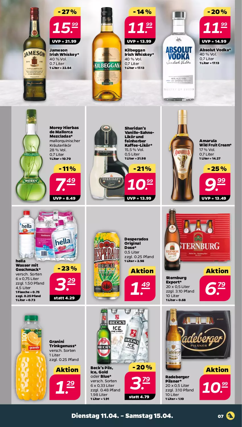 Aktueller Prospekt Netto - Woche 15 - von 11.04 bis 15.04.2023 - strona 7 - produkty: Absolut Vodka, amarula, Berger, desperados, flasche, gin, granini, hella, irish whiskey, jameson, kaffee, kilbeggan, kräuter, kräuterlikör, likör, mac, nuss, pils, pilsner, radeberger, radeberger pilsner, sahne, Sternburg, Ti, vanille, vodka, wasser, whiskey, Wild