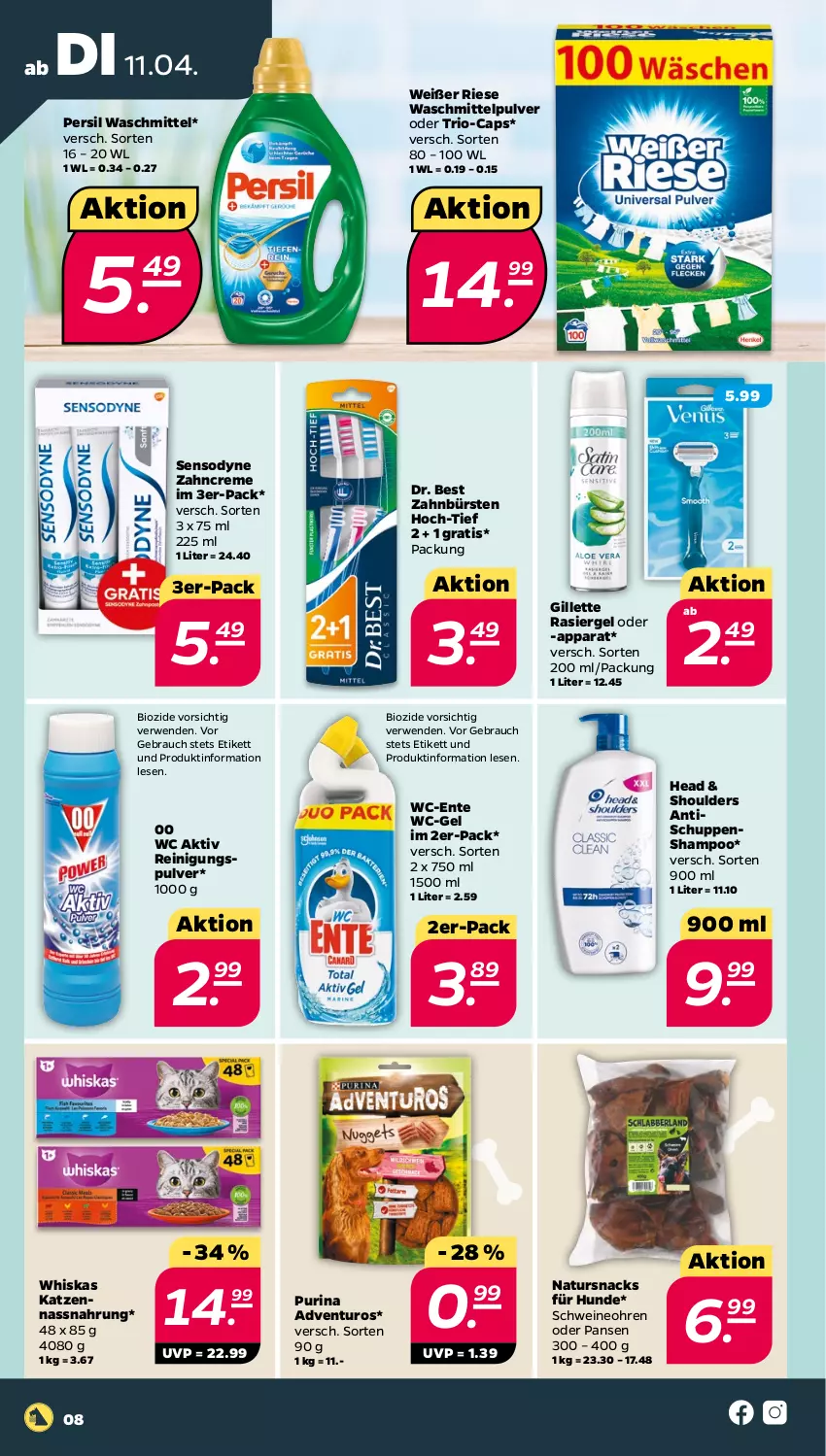 Aktueller Prospekt Netto - Woche 15 - von 11.04 bis 15.04.2023 - strona 8 - produkty: adventuros, bio, bürste, bürsten, Cap, creme, Dr. Best, ente, gillette, Nassnahrung, natur, persil, persil waschmittel, purina, rasiergel, Rauch, Reinigung, rwe, schwein, schweine, sensodyne, shampoo, snack, snacks, Ti, tisch, waschmittel, wc-gel, wein, weine, whiskas, zahnbürste, zahnbürsten, zahncreme