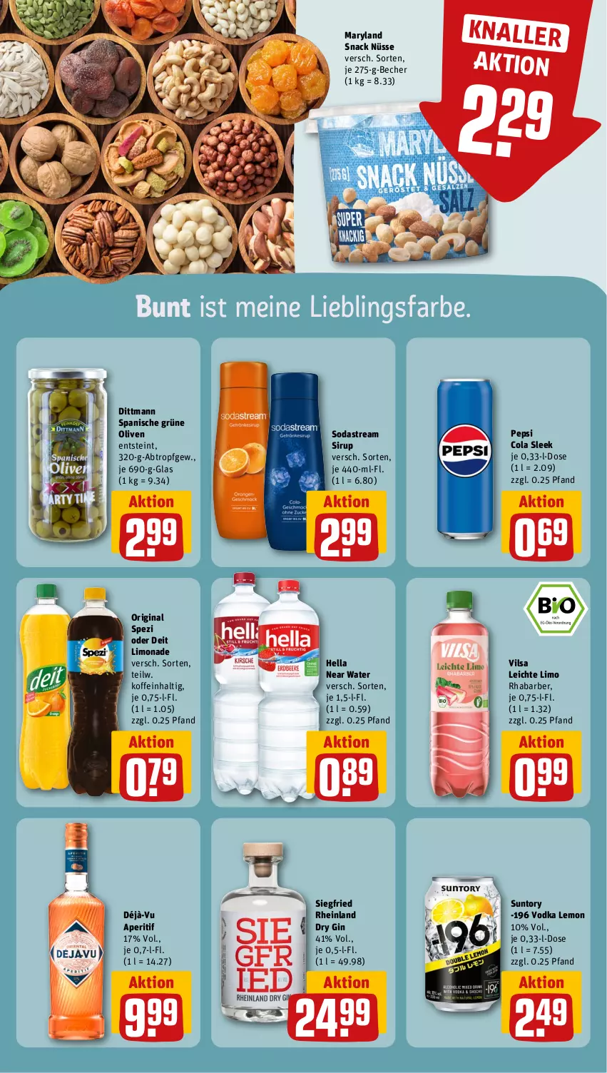 Aktueller Prospekt Rewe - Prospekte - von 21.05 bis 25.05.2024 - strona 13 - produkty: aperitif, Becher, cola, deit, dittmann, dry gin, gin, grüne oliven, hella, limo, limonade, olive, oliven, pepsi, Pepsi Cola, rhabarber, sirup, snack, Soda, sodastream, Spezi, Ti, vilsa, vodka