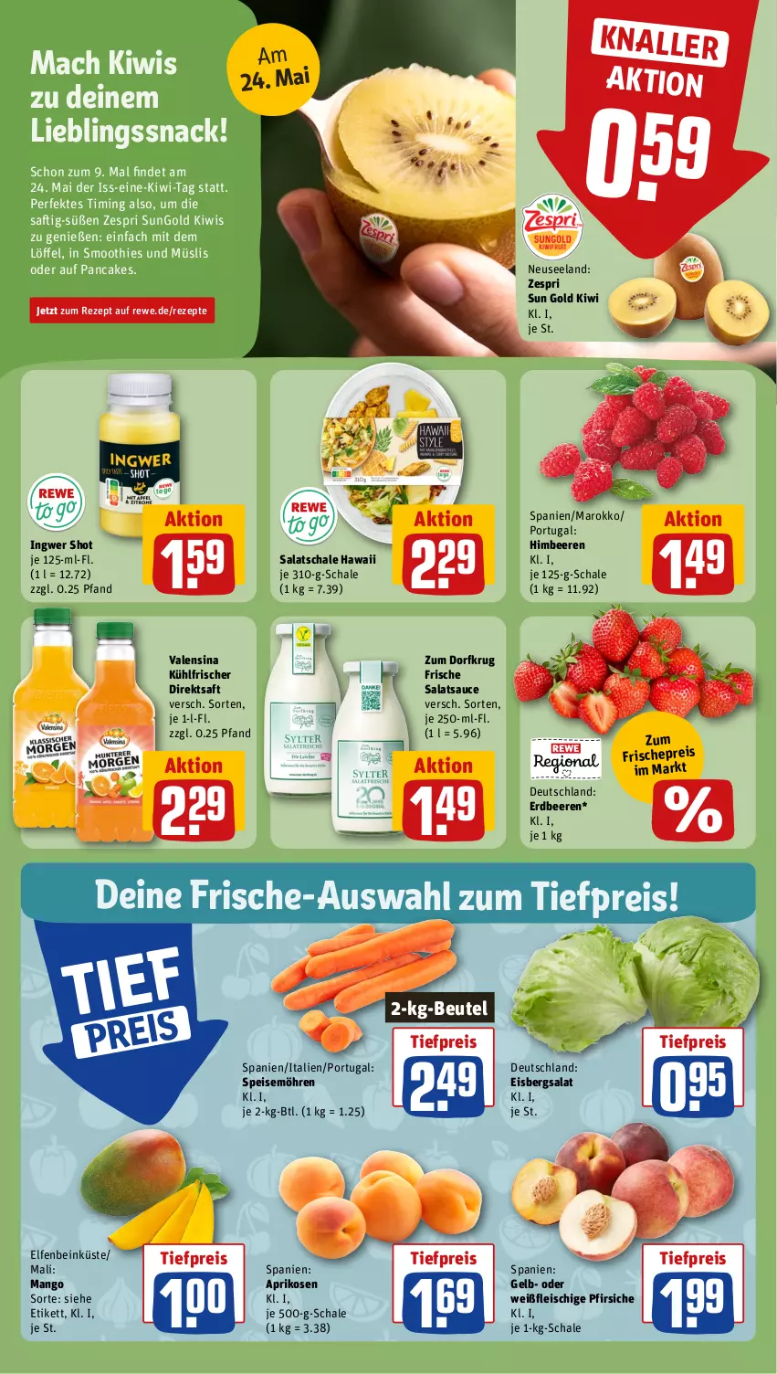 Aktueller Prospekt Rewe - Prospekte - von 21.05 bis 25.05.2024 - strona 6 - produkty: aprikose, aprikosen, beere, beeren, beutel, direktsaft, eis, eisbergsalat, Elan, erdbeere, erdbeeren, fleisch, himbeer, himbeere, himbeeren, ingwer, kiwi, Löffel, mac, mango, möhren, müsli, pfirsich, pfirsiche, reis, rezept, rezepte, saft, salat, salatsauce, sauce, Schal, Schale, smoothie, smoothies, snack, speisemöhren, Ti, tiefpreis, valensina, zespri, Zum Dorfkrug