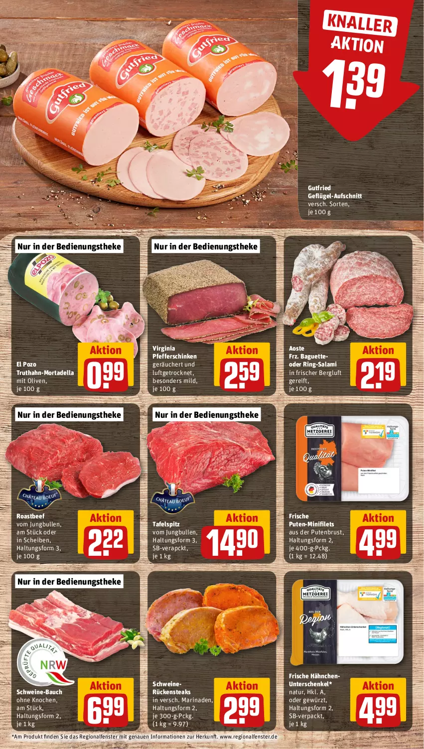 Aktueller Prospekt Rewe - Prospekte - von 21.05 bis 25.05.2024 - strona 8 - produkty: aufschnitt, baguette, Bau, beef, dell, fenster, filet, filets, Frische Hähnchen, Geflügel, gewürz, gin, gutfried, henkel, jungbullen, marinade, mortadella, natur, olive, oliven, pfeffer, pute, putenbrust, ring, roastbeef, Rückensteak, rückensteaks, salami, schenkel, schinken, schwein, schweine, schweine-bauch, schweinerücken, steak, steaks, tafelspitz, Ti, truthahn, wein, weine