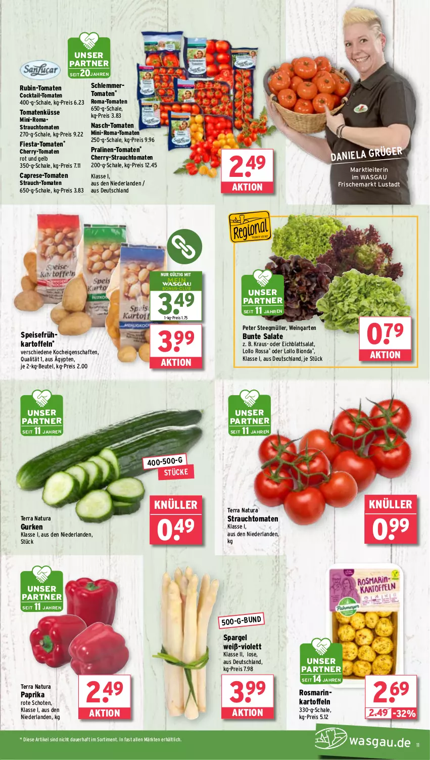 Aktueller Prospekt Wasgau - von 26.05 bis 31.05.2025 - strona 11 - produkty: Astra, auer, beutel, bio, bunte salate, Cap, cocktail, Eichblattsalat, eis, Frühkartoffeln, Garten, gurke, gurken, kartoffel, kartoffeln, Müller, natur, natura, paprika, paprika rot, pralinen, Rauch, reis, rosmarin, Rubin, salat, salate, Schal, Schale, spargel, speisefrühkartoffeln, strauchtomaten, tee, Ti, tomate, tomaten, wein