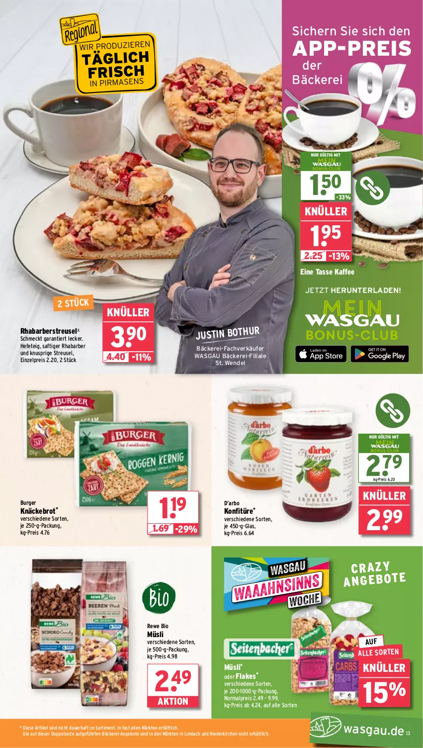Aktueller Prospekt Wasgau - von 26.05 bis 31.05.2025 - strona 13 - produkty: angebot, angebote, auer, bio, brot, burger, eis, flakes, Hefe, je 250-g-packung, kaffee, knäckebrot, konfitüre, müsli, reis, rewe bio, rhabarber, saft, tasse, Ti