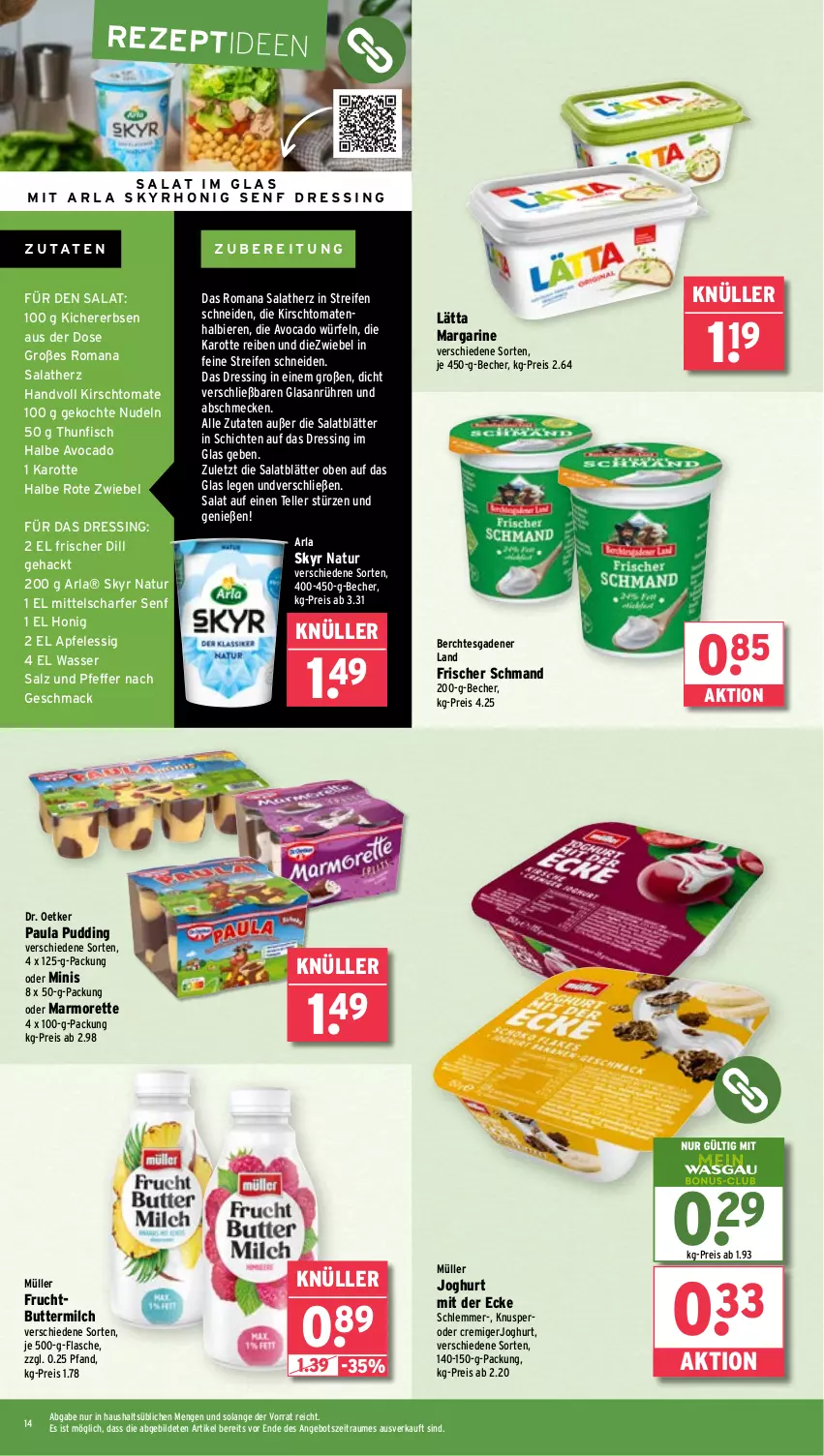 Aktueller Prospekt Wasgau - von 26.05 bis 31.05.2025 - strona 14 - produkty: angebot, apfel, apfelessig, arla, arla skyr, avocado, Becher, bier, Biere, butter, buttermilch, Dr. Oetker, dressing, eis, elle, erbsen, essig, fisch, flasche, frucht, honig, joghur, joghurt, joghurt mit der ecke, kichererbsen, kirsch, lätta, mac, margarine, marmorette, milch, Müller, natur, nudel, nudeln, Paula, paula pudding, pfeffer, pudding, reifen, reis, rezept, Rote Zwiebel, salat, salz, schmand, senf, Skyr, teller, thunfisch, Ti, tomate, tomaten, wasser, würfel, zwiebel