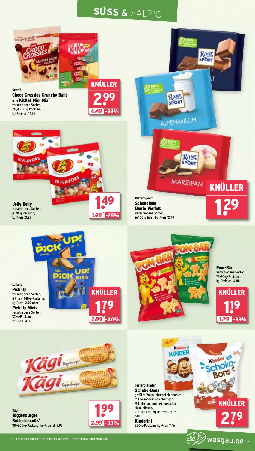 Aktueller Prospekt Wasgau - von 26.05 bis 31.05.2025 - strona 17 - produkty: auer, ball, burger, butter, choco crossies, crossies, eier, eis, ferrero, Kägi, Kinder, kitkat, leibniz, milch, nestlé, pom-bär, reis, ritter, ritter sport, salz, schoko, schoko-bons, schokolade, schokoladen, Sport, Ti, vollmilch