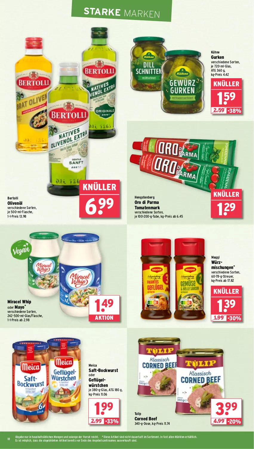 Aktueller Prospekt Wasgau - von 26.05 bis 31.05.2025 - strona 18 - produkty: angebot, auer, beef, bertolli, bockwurst, corned beef, eis, flasche, Geflügel, gurke, gurken, hengstenberg, je 500-ml-flasche, Kühne, maggi, meica, miracel, miracel whip, olive, oliven, olivenöl, oro di parma, reis, saft, Ti, tomate, tomaten, tomatenmark, tulip, wurst, würstchen, Yo